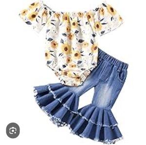 Floral Off-Shoulder Romper with Blue Ruffle Bell Bottom Pants